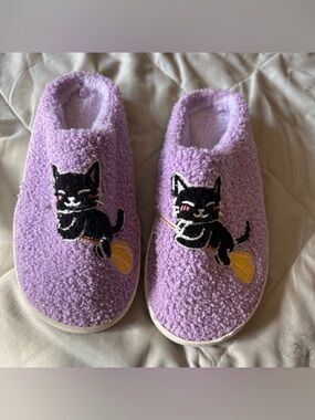 Lavender Cat Slippers with Black Cat Applique